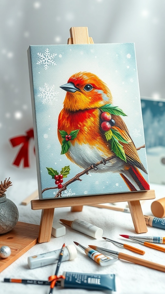 Christmas Bird Painting Recipe A vibrant Christmas bird painting with festive decorations on a canvas, set against a winter background.